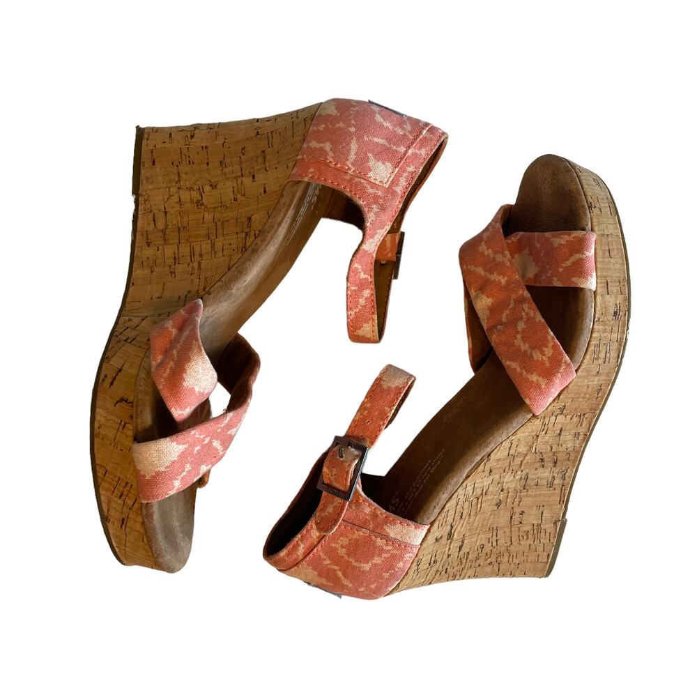 TOMS Sienna Southwest IKAT Cork Wedge Sandals Womens Size 8.5 Pink Criss Cross